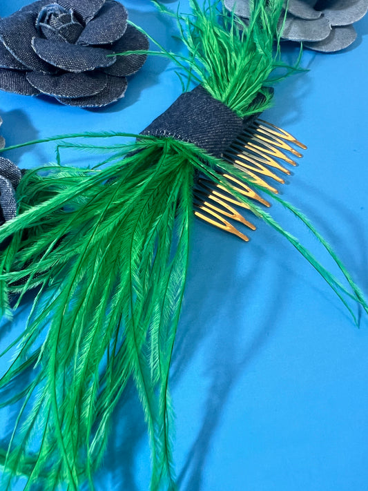 Denim Comb with feathers - Medium Washed